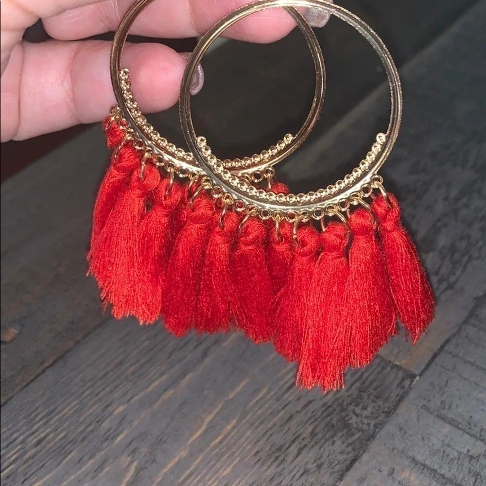 Red Tassel Hoop Earrings Gold Tone Boho Statement Fringe Dangle Drop Earrings